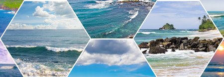 Nature landscape view of beautiful tropical beach and sea in sunny day. Wide photo. Colorful collage