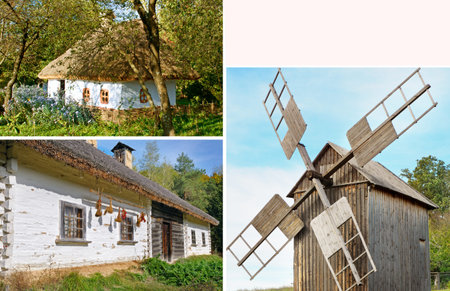 Photos of wooden windmill, old clay houses and in Pyrohiv (Pirogovo) village near Kiev, Ukraine....