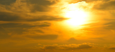Panorama of evening sky with clouds. sunset Sky background, Sunrise sky with lit clouds. Wide photo.