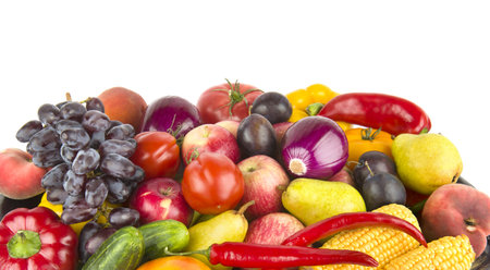 Collection fruits and vegetables isolated on a white background. Free space for text. Wide photo.の写真素材