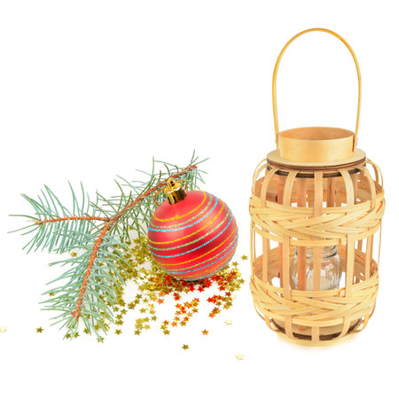 Wicker Candle Holder and Christmas Decorations isolated on a white backgroundの写真素材