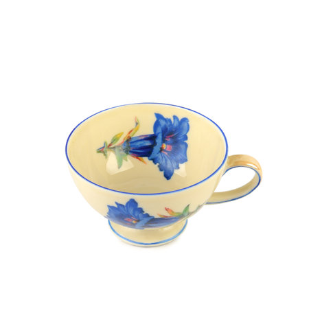 Vintage porcelain cup isolated on white background. Free space for text.の写真素材