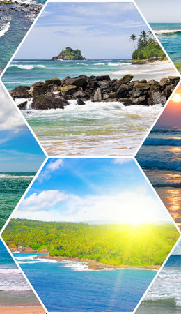 Nature landscape view of beautiful tropical beach and sea in sunny day. Concept - vacation and travel. Colorful collage. Vertical photo.の写真素材
