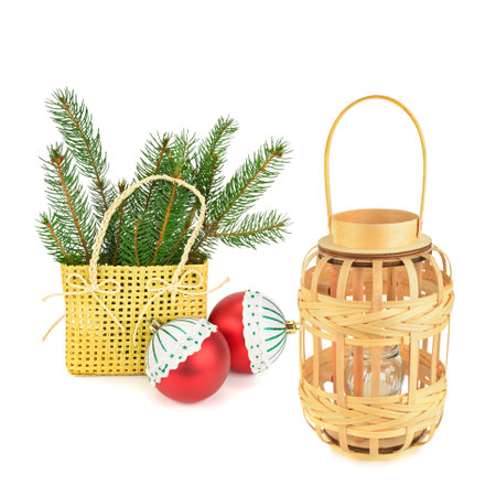 Wicker Candle Holder and Christmas Decorations isolated on a white backgroundの写真素材