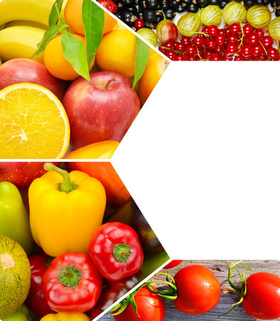 Set of vegetables and fruits. There is free space for text. Collage. Mosaic pattern.の写真素材