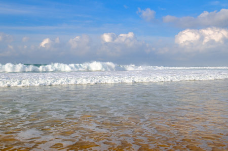 Sea and bright blue cloudy sky. Concept - vacation and travel.の写真素材