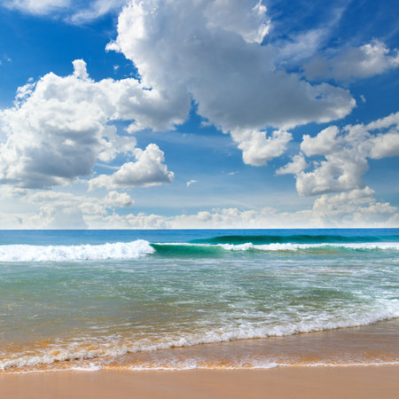 Sea and bright blue cloudy sky. Concept - vacation and travel.の写真素材