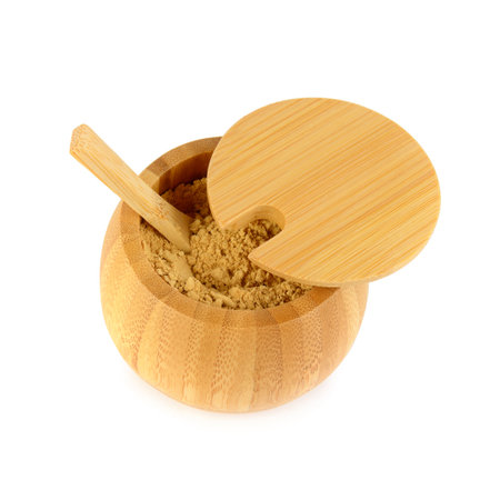 Curry Powder (Garam Masala) in Wooden Bowl isolated on white backgroundの写真素材