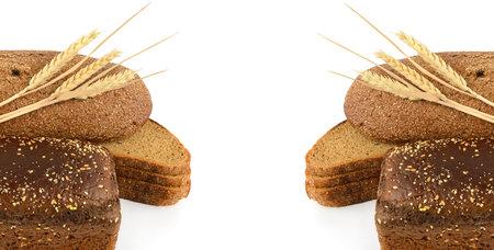 set of whole grain breads with seeds isolated on the white background. top view. healthy food. Wide photo. Free space for text. Collage.の写真素材