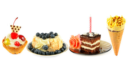 Sweet pastries and other desserts isolated on white background. Wide photo. Collage. Free space for text.の写真素材