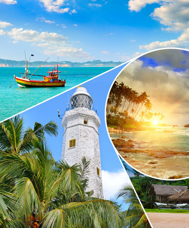 Nature landscape view of beautiful tropical beach, lighthouse and ship. Concept - vacation and travel. Colorful collage.の写真素材