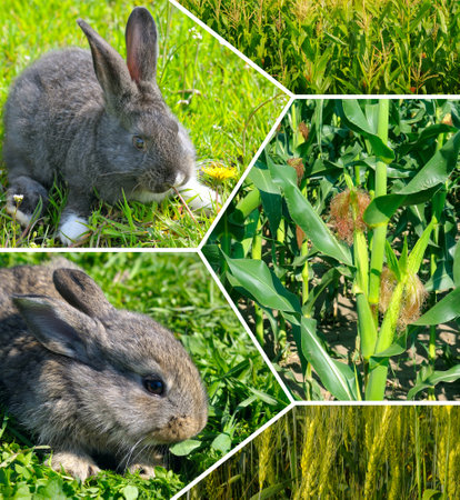 Rabbit Farm and corn and wheat field. Corn and wheat are fodder crops for livestock. Collage. Mosaic pattern.の写真素材