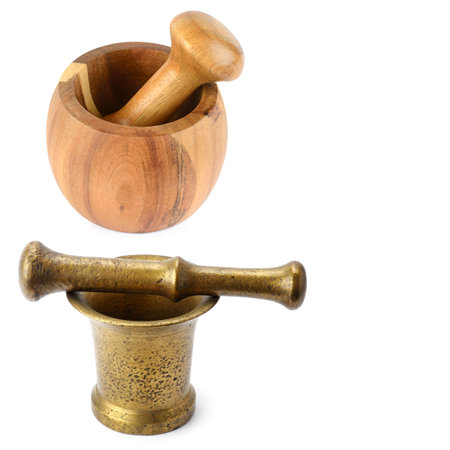 Bronze and Wooden mortar and pestle isolated on white background. Free space for text. Collage.の写真素材