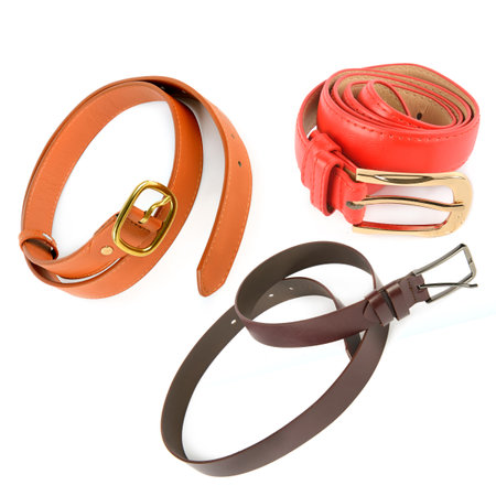 Set of Women's leather waist red belts with metal buckles isolated on white background. Collage.の写真素材