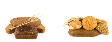 Organic wholemeal bread and sweet pastries isolated on white background. Free space for text....