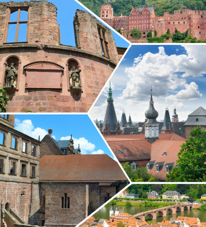 An ancient, partially ruined brick structure from Heidelberg Castle in Germany, with large arched windows framed by weathered stone. Mosaic pattern.の写真素材