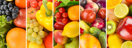 A set of fruits and vegetables. Bright background. Wide photo. Collage.の写真素材