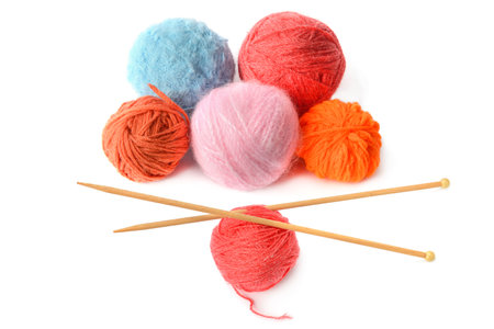 Set of balls of woolen threads and knitting needles isolated on white background. Collage.の写真素材