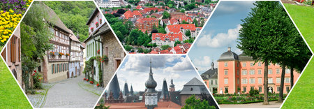 Views of ancient buildings and cities in Bavaria. Collage. Mosaic pattern. Wide photo.の写真素材