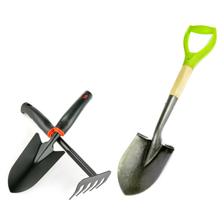 Set of garden tools (rake and shovel) isolated on white background. Collage. Free space for text.の写真素材