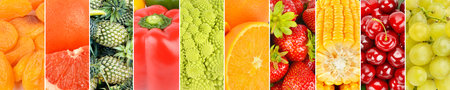 Healthy vegetables and fruit food - collage. Wide photo.の写真素材