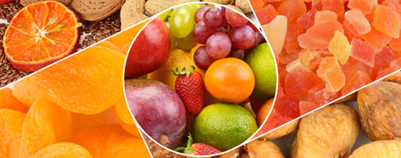 Set of nuts, fresh and dried fruits. Bright background. Collage. Mosaic pattern. Wide photo.の写真素材