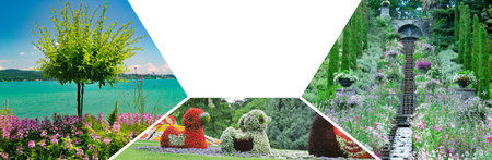 Beautiful colorful flowerbeds at island Mainau, Germany. Collage. Mosaic pattern. Free space for text. Wide photo.の写真素材