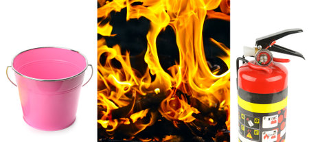 Fire flames on black background, a fire extinguisher and a bucket. Collage. Free space for text. Wide photo.の写真素材