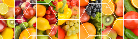 Panoramic collection fresh fruits and vegetables background. Wide photo.の写真素材