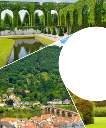 Travel concept - travel photos view of the city and bridge in the city and the park in Schwetzenheim. Free space for text. Collage.の写真素材