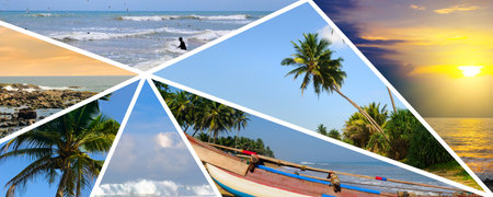 Sea, bright sunset and boat. Concept - vacation and travel. Collage. Mosaic pattern. Wide photo.の写真素材