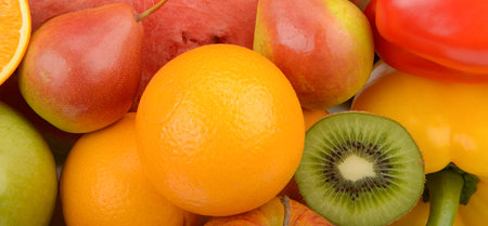 Assorted fresh ripe fruits and vegetables. Food concept background. Wide photo.の写真素材