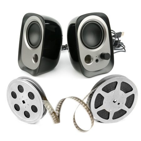 Film strips and bookshelf speaker isolated on white background. Collage.の写真素材