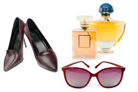 Stylish woman's sunglasses, Luxury perfume in bottles and shoes isolated on white. Collage. Free space for text.の写真素材