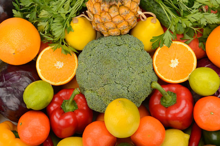 Assorted fresh ripe fruits and vegetables. Food concept background.の写真素材