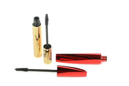 cosmetic black mascara, volume brush isolated on white background. Free space for text.の写真素材