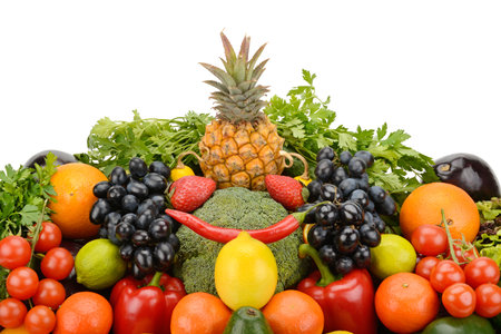 Collection fruits and vegetables isolated on a white background. Free space for text.の写真素材