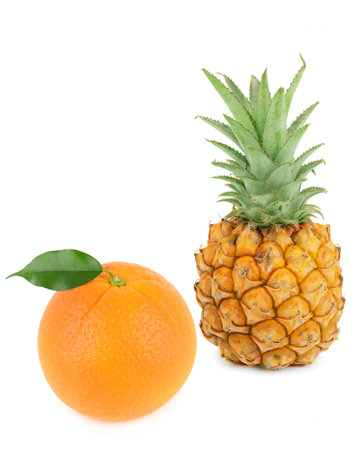 Orange with green leaf and pineapple isolated on white background. Collage. Vertical photo. Free space for text.の写真素材