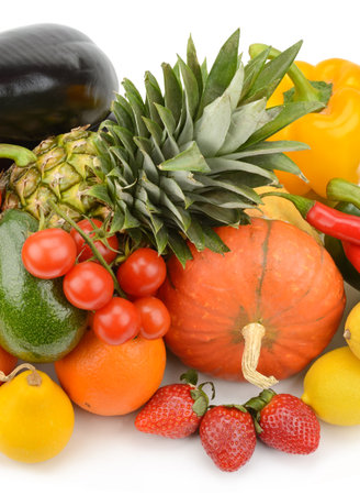Collection fruits and vegetables isolated on a white background. Vertical photo.の写真素材