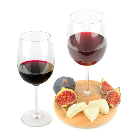 Glasses of wine, cheese and fig fruit isolated on white background. Collage.の写真素材
