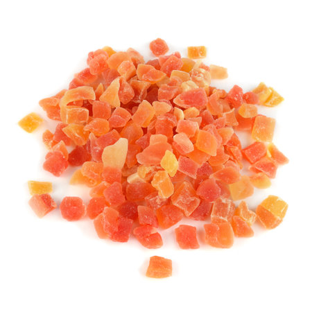 Dried pieces of papaya, close-up, isolated on white background.の写真素材