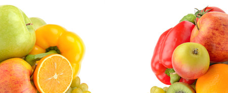 Fruits and vegetables isolated on a white background. There is free space for text. Collage. Wide photo.の写真素材