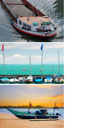 Barge, Pleasure yachts and fishing vessels. Collage. There is free space for text. Vertical photo.の写真素材