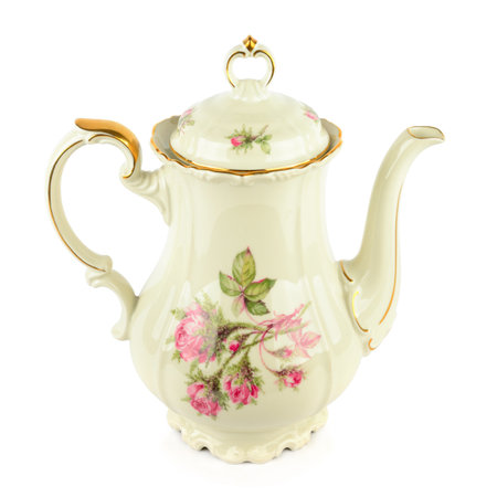 Elegant vintage porcelain coffee pot isolated on white background.の写真素材