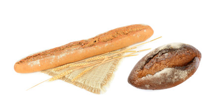 Bread and baguette isolated on white background. Collage. Free space for text. Wide photo.の写真素材