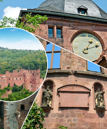 The castle (castle ruin) in Heidelberg, Baden Wuerttemberg, Germany, travel destinations, European touristic sightseeing. Collage. Mosaic pattern.の写真素材