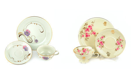 Porcelain vintage cup and saucer isolated on white background. There is free space for text. Collage. Wide photo.の写真素材