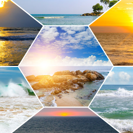 Beach resort landscape, tropical waves surf. Sunny sky horizon summer tourism vacation. Relax luxury background. Collage. Mosaic pattern.の写真素材