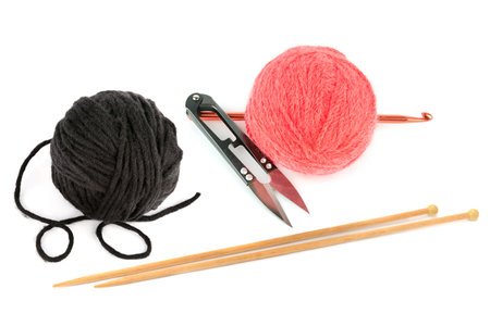 Balls of yarn, knitting needles, scissors and crochet hook isolated on white background. Collage.の写真素材