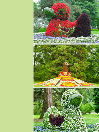Floral figures of ducks and a peacock with luxurious flowers on the island of Mainau, Germany. Collage. Free space for text. Vertical photo.の写真素材